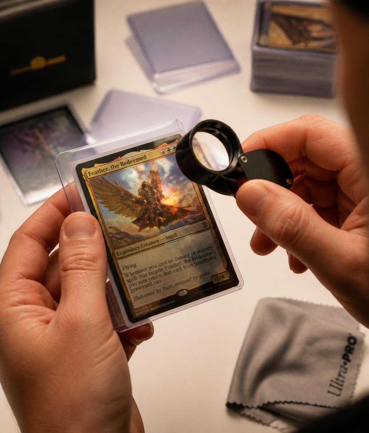 Hands inspecting a trading card under studio lighting