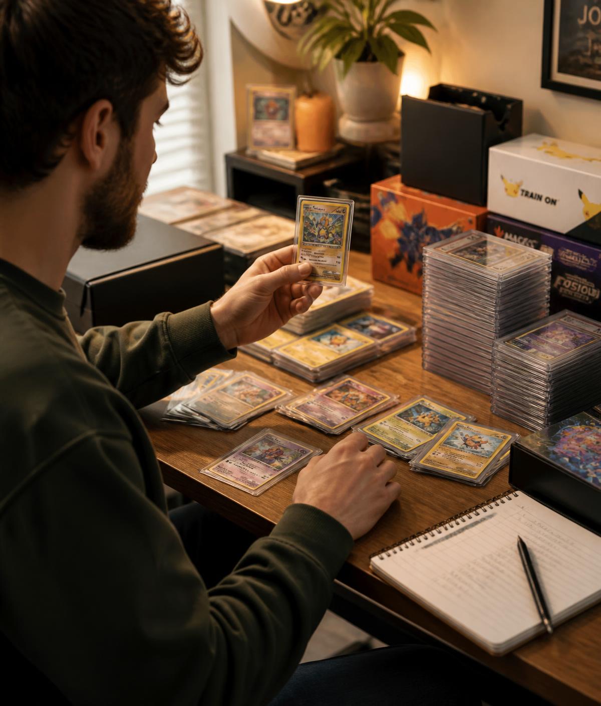 A collector thumbing through their trading card collection, deciding between singles, graded slabs, and bulk to sell